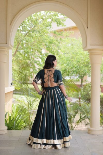 Festive Dark Green Rayon Navratri Lehenga with Double Ghera and Gota Patti Lace  Navratri Lehnega Choli