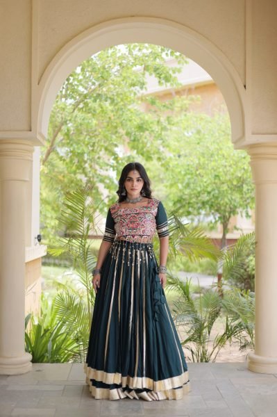 Festive Dark Green Rayon Navratri Lehenga with Double Ghera and Gota Patti Lace  Navratri Lehnega Choli