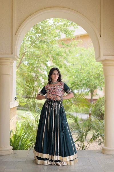 Festive Dark Green Rayon Navratri Lehenga with Double Ghera and Gota Patti Lace  Navratri Lehnega Choli