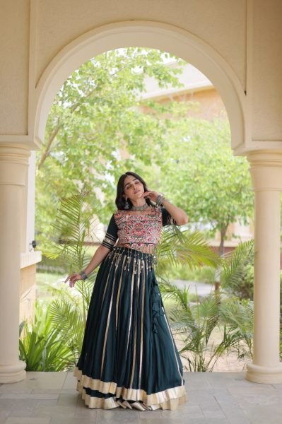 Festive Dark Green Rayon Navratri Lehenga with Double Ghera and Gota Patti Lace  Navratri Lehnega Choli