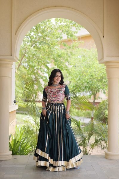 Festive Dark Green Rayon Navratri Lehenga with Double Ghera and Gota Patti Lace  Navratri Lehnega Choli