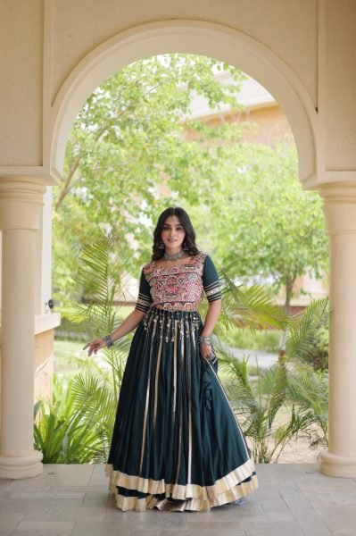 Festive Dark Green Rayon Navratri Lehenga with Double Ghera and Gota Patti Lace  Navratri Lehnega Choli