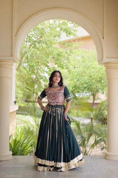 Festive Dark Green Rayon Navratri Lehenga with Double Ghera and Gota Patti Lace  Navratri Lehnega Choli