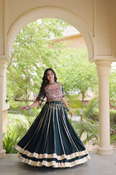 Festive Dark Green Rayon Navratri Lehenga with Double Ghera and Gota Patti Lace  Navratri Lehnega Choli