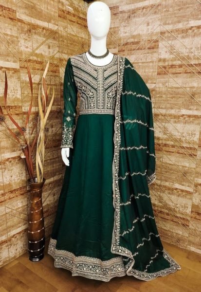 Festive Favorite Dark Green Heavy Anarkali in Silk with Elegant Embroidery Anarakali Gown Wholesale