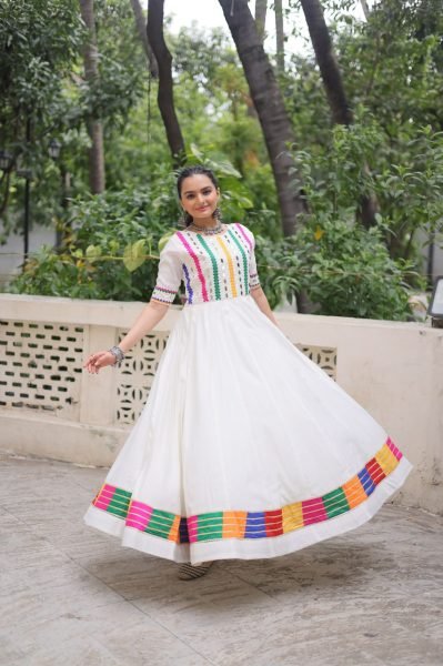 Festive Flair Anarkali Gown in Roman Fabric with Cotton Lining Stylish Navratri Look Navratri Collection
