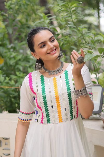 Festive Flair Anarkali Gown in Roman Fabric with Cotton Lining Stylish Navratri Look Navratri Collection