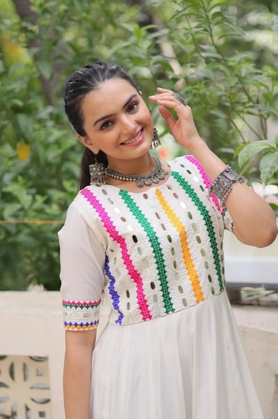 Festive Flair Anarkali Gown in Roman Fabric with Cotton Lining Stylish Navratri Look Navratri Collection