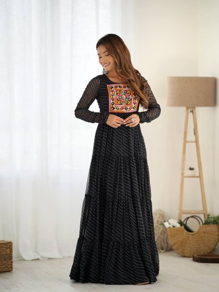 Festive Floor Length Anarkali Black Laheriya with Gamthi Patch Navratri Ready