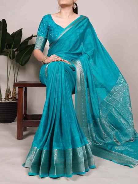 Festive Glamour Teal Blue Chinon Saree with All Over Zari & Statement Style 