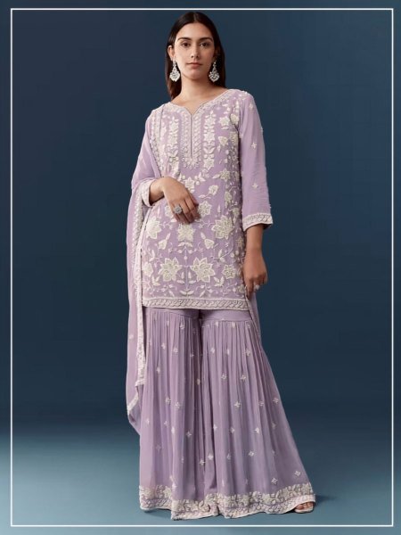 Festive Lavender Chiffon Georgette Suit Set with Handwork and Sequins Embroidery Salwar Kameez