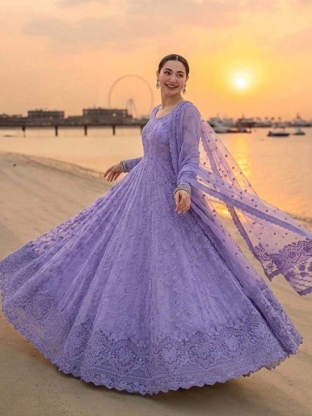Festive Lavender Georgette And Organza Gown With Full Sleeves Using Embroidery Work  Ready To Wear Suit