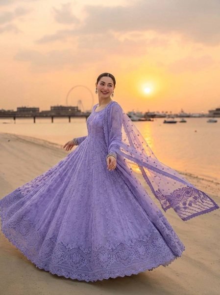 Festive Lavender Georgette And Organza Gown With Full Sleeves Using Embroidery Work  Ready To Wear Collection