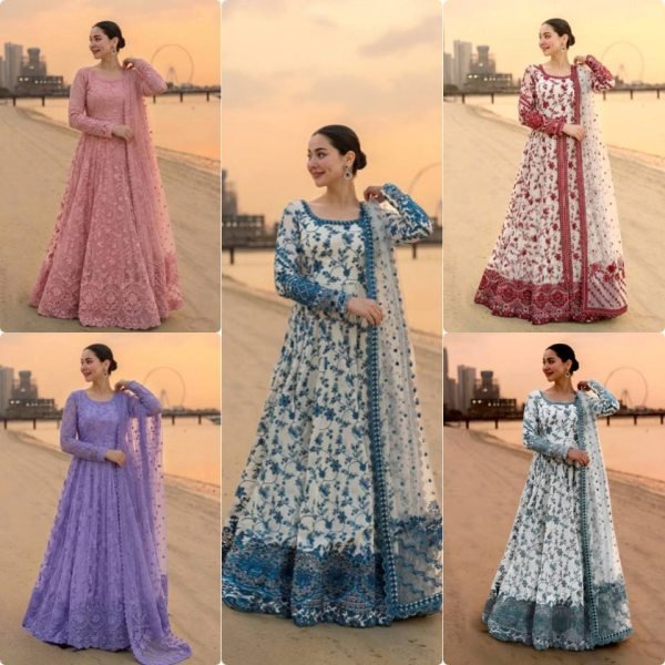 Festive Lavender Georgette And Organza Gown With Full Sleeves Using Embroidery Work  Ready To Wear Collection