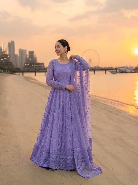 Festive Lavender Georgette And Organza Gown With Full Sleeves Using Embroidery Work  Ready To Wear Collection