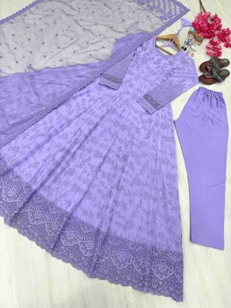 Festive Lavender Georgette And Organza Gown With Full Sleeves Using Embroidery Work  Ready To Wear Collection