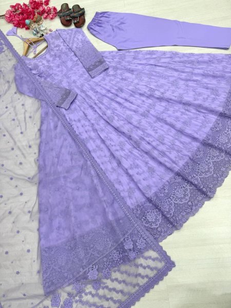 Festive Lavender Georgette And Organza Gown With Full Sleeves Using Embroidery Work  Ready To Wear Collection