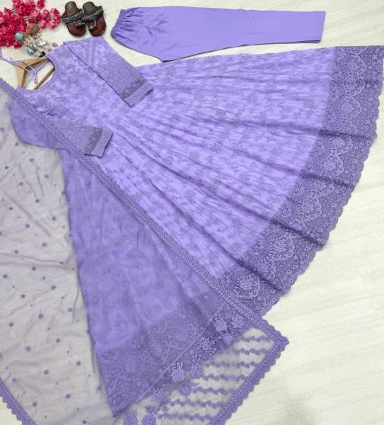 Festive Lavender Georgette And Organza Gown With Full Sleeves Using Embroidery Work  Ready To Wear Collection