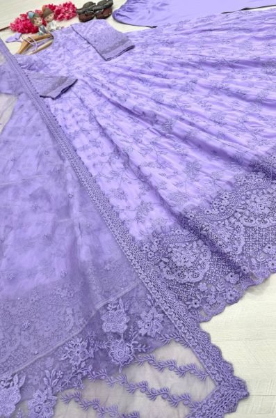 Festive Lavender Georgette And Organza Gown With Full Sleeves Using Embroidery Work  Ready To Wear Collection