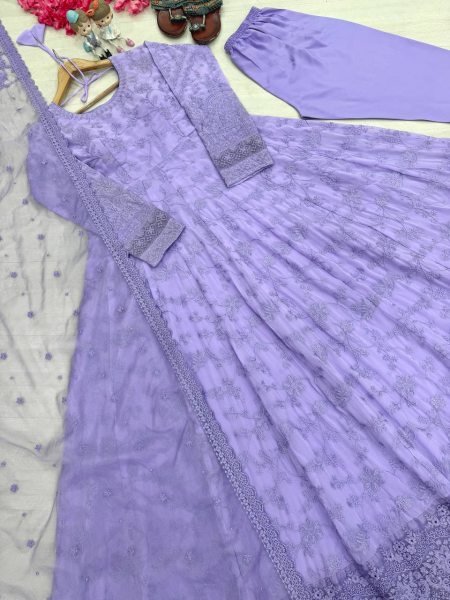 Festive Lavender Georgette And Organza Gown With Full Sleeves Using Embroidery Work  Ready To Wear Collection