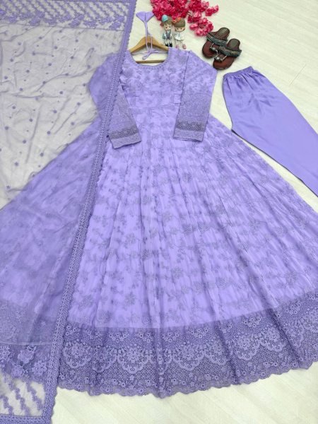 Festive Lavender Georgette And Organza Gown With Full Sleeves Using Embroidery Work  Ready To Wear Collection