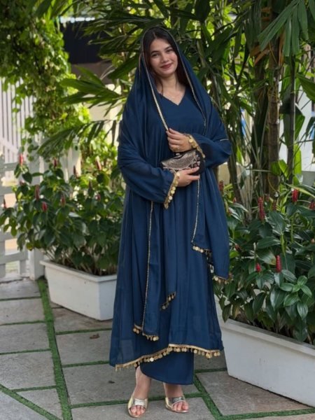 Festive Luxury Blue Faux Georgette Fancy Lace On Sleeves And Neck Gown Set Ready To Wear With Palazzo And Dupatta Ready To Wear Suit