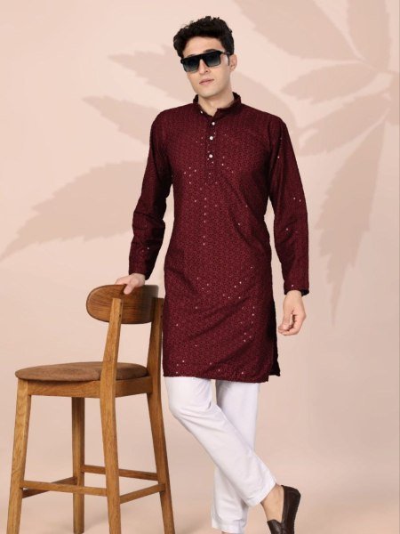 Festive Maroon Cotton Lucknowi Kurta for Men Party and Festive Collection