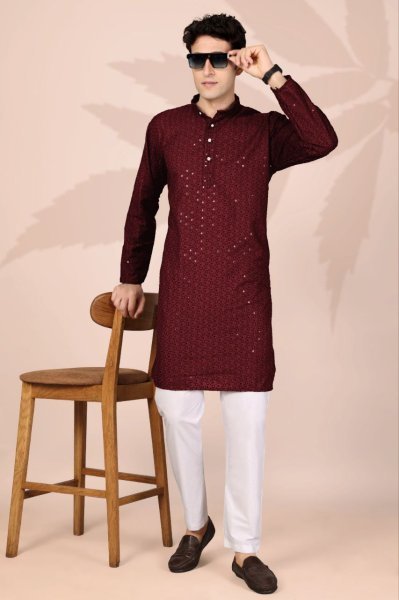 Festive Maroon Cotton Lucknowi Kurta for Men Party and Festive Collection Kurta Pajama Wholesale
