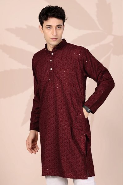 Festive Maroon Cotton Lucknowi Kurta for Men Party and Festive Collection Kurta Pajama Wholesale