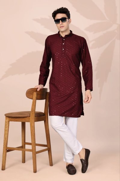 Festive Maroon Cotton Lucknowi Kurta for Men Party and Festive Collection Kurta Pajama Wholesale