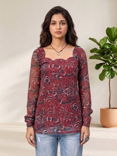 Festive Maroon Women's Georgette Bandhani Kurti with Traditional Digital Print 
