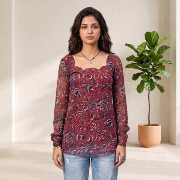 Festive Maroon Women's Georgette Bandhani Kurti with Traditional Digital Print Full Set Kurti