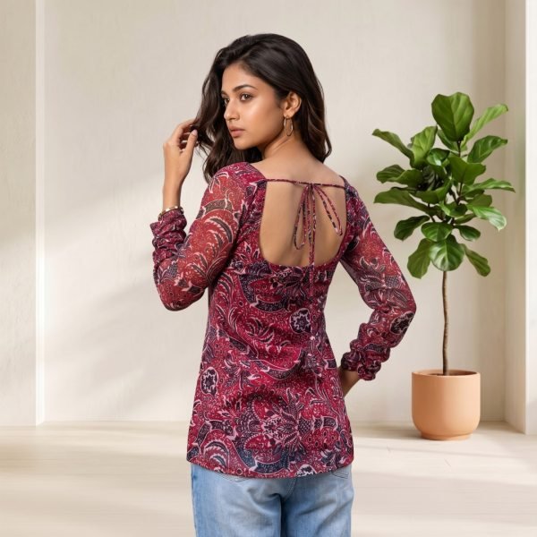 Festive Maroon Women's Georgette Bandhani Kurti with Traditional Digital Print Full Set Kurti