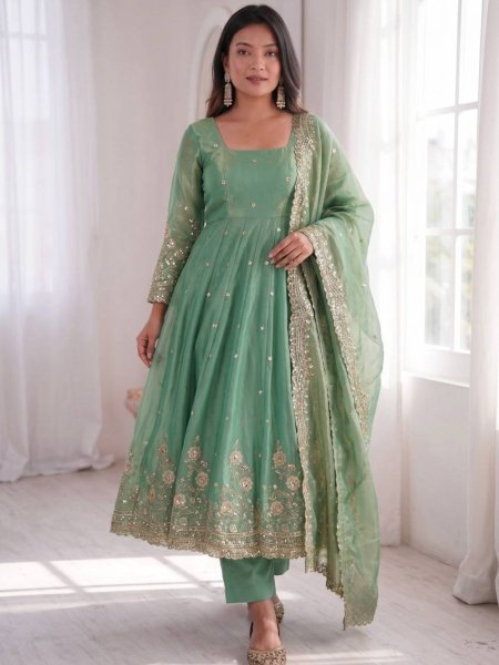 Festive Mint Green Ethnic Gown Set for Women with Elegant Heavy Embroidery Ready To Wear Suit