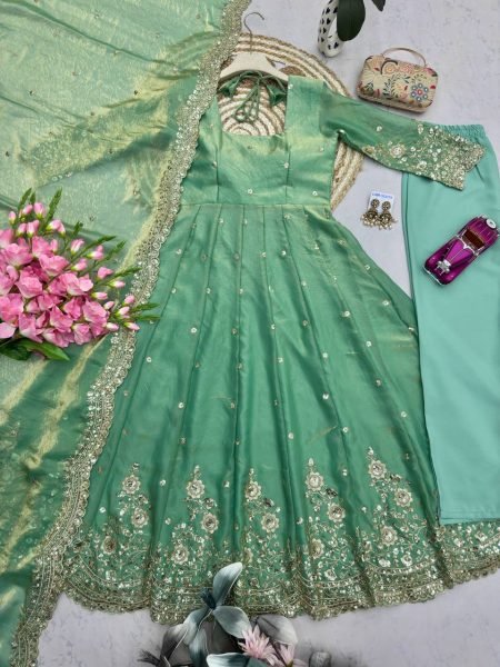 Festive Mint Green Ethnic Gown Set for Women with Elegant Heavy Embroidery Ready To Wear Collection