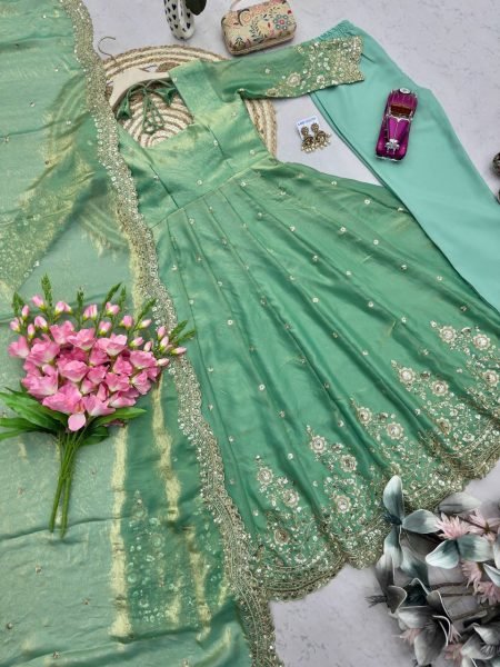Festive Mint Green Ethnic Gown Set for Women with Elegant Heavy Embroidery Ready To Wear Collection