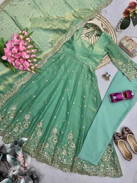 Festive Mint Green Ethnic Gown Set for Women with Elegant Heavy Embroidery Ready To Wear Collection