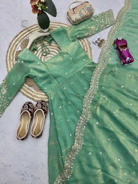 Festive Mint Green Ethnic Gown Set for Women with Elegant Heavy Embroidery Ready To Wear Collection