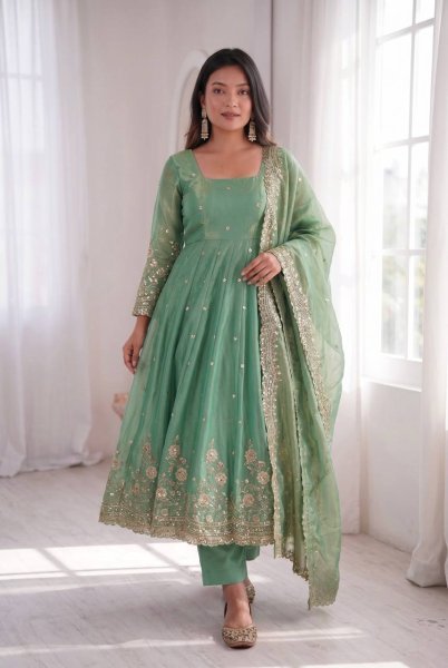 Festive Mint Green Ethnic Gown Set for Women with Elegant Heavy Embroidery Ready To Wear Collection