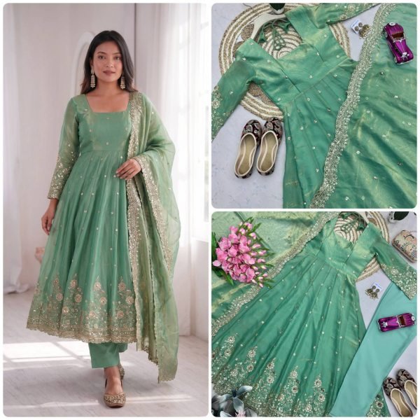 Festive Mint Green Ethnic Gown Set for Women with Elegant Heavy Embroidery Ready To Wear Collection