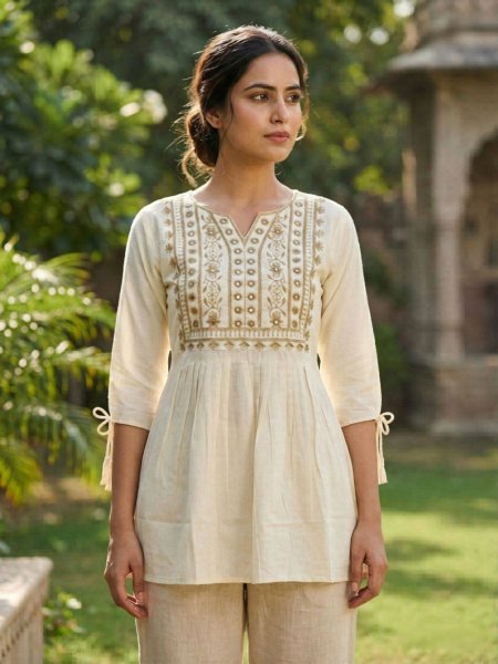 Festive Off White Heavy Rayon Embroidered Short Top for Office Wear at Wholesale Rate Kurtis