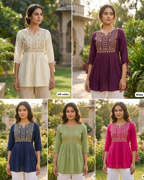 Festive Off White Heavy Rayon Embroidered Short Top for Office Wear at Wholesale Rate Tunics kurti