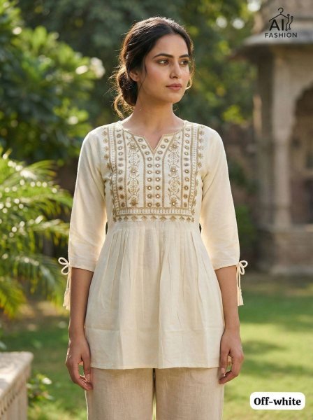 Festive Off White Heavy Rayon Embroidered Short Top for Office Wear at Wholesale Rate Tunics kurti