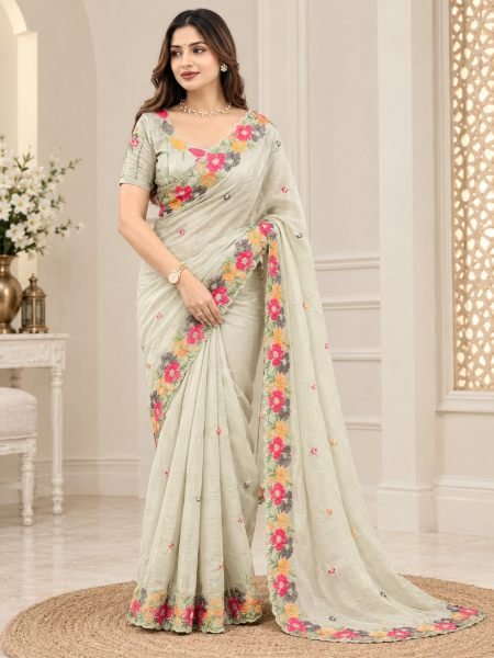 Festive OffWhite Coral Chiffon Saree with Embroidered Blouse at Manufacturer Rate Sarees 