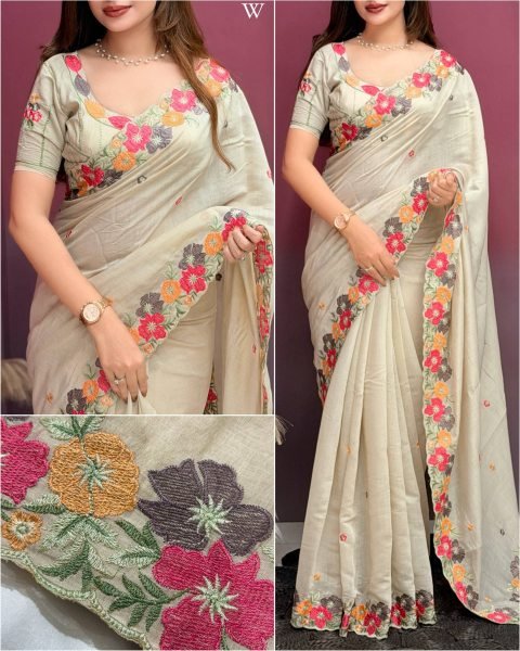 Festive OffWhite Coral Chiffon Saree with Embroidered Blouse at Manufacturer Rate Pure Chiffon Sarees Wholesale