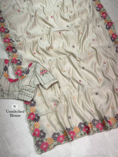 Festive OffWhite Coral Chiffon Saree with Embroidered Blouse at Manufacturer Rate Pure Chiffon Sarees Wholesale
