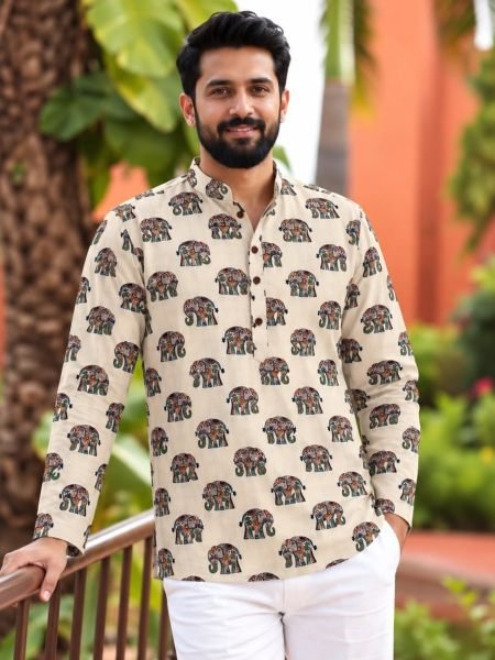 Festive OffWhite Men’s Daily Wear Printed Cotton Short Kurta for Function 