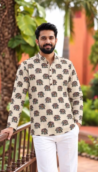 Festive OffWhite Men’s Daily Wear Printed Cotton Short Kurta for Function Mens Short Kurta