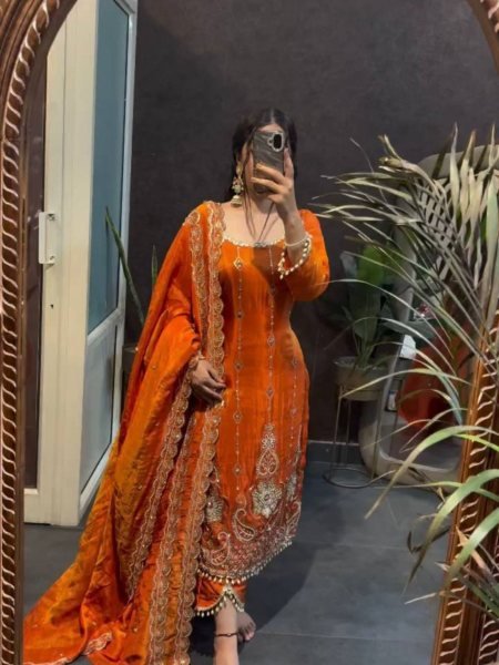 Festive Orange Fendy Silk Straight Cut Pakistani Fully Stitched Suit Set for Wholesale Ready To Wear Suit