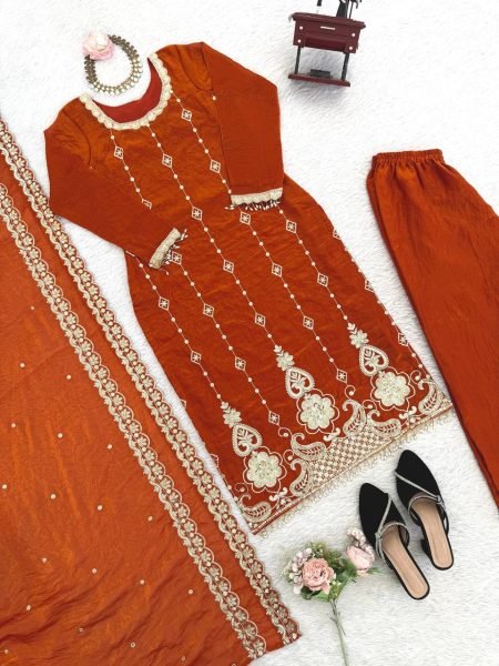 Festive Orange Fendy Silk Straight Cut Pakistani Fully Stitched Suit Set for Wholesale Ready To Wear Collection